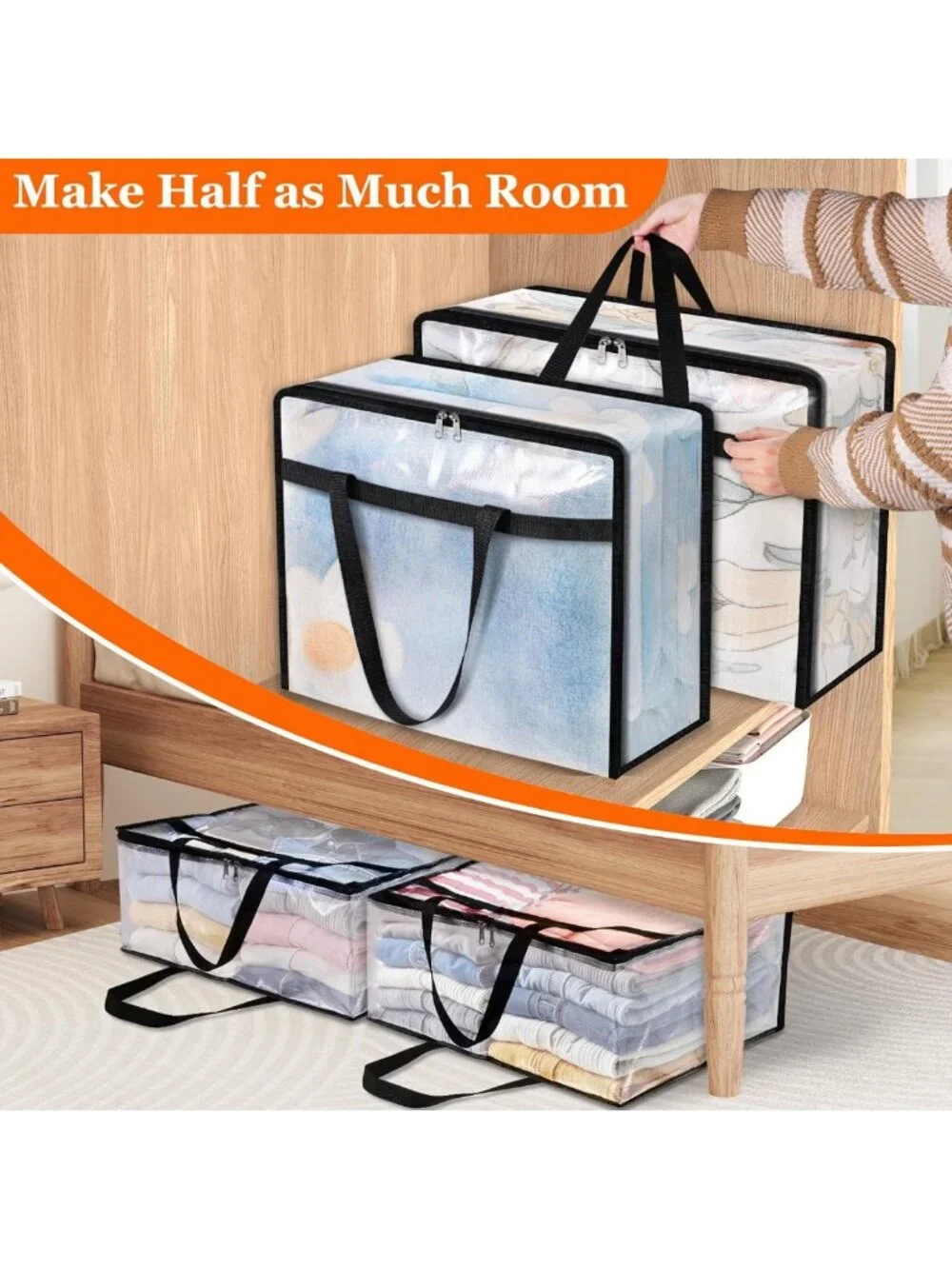 6 Pack Clear Storage Bags for Bedding, Comforters & Clothes - 60L Space Saver